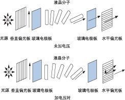液晶 VOA 加電前后分子排列對比，展示偏振調控原理