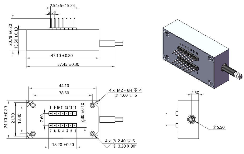 2x6 MEMS光開(kāi)關(guān)模塊尺寸示意