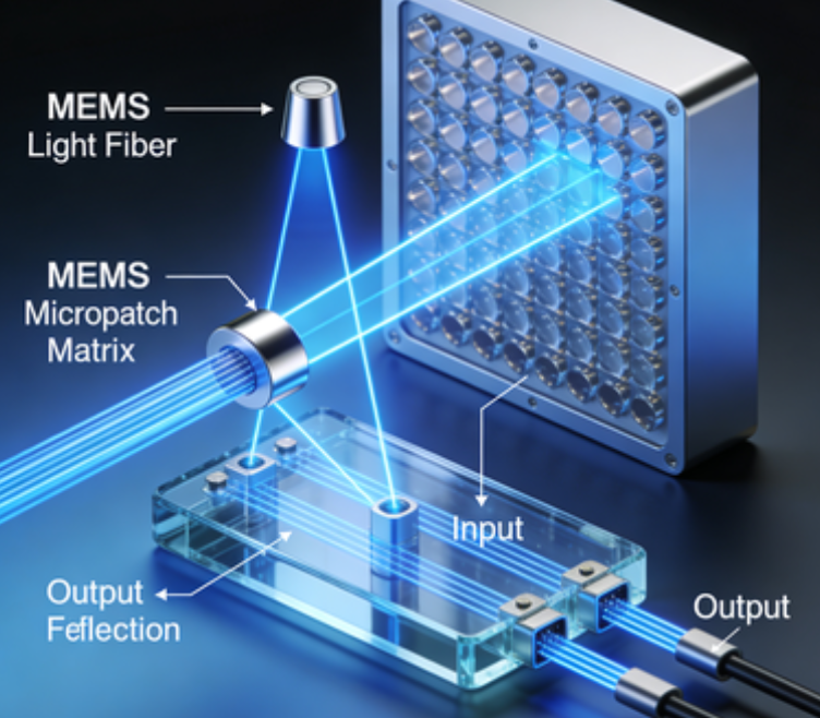 三維MEMS光開(kāi)關(guān)工作原理示意圖-廣西科毅光通信